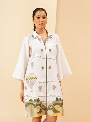 White Cappadocia Bell Sleeved Zipper Dress