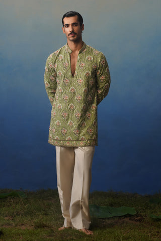 Adaa Mehndi V Neck Short Kurta Set with Pants