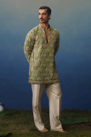 Adaa Mehndi V Neck Short Kurta Set with Pants