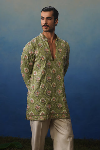Adaa Mehndi V Neck Short Kurta Set with Pants