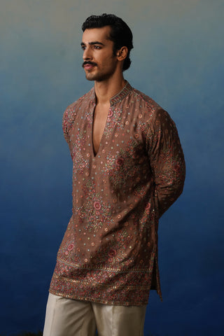 Kuber Rose Brown V Neck Short Kurta Set with Pants