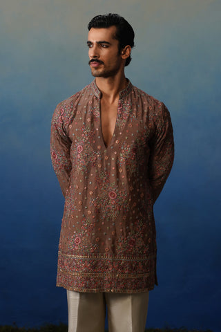 Kuber Rose Brown V Neck Short Kurta Set with Pants