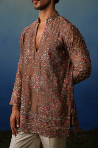 Kuber Rose Brown V Neck Short Kurta Set with Pants