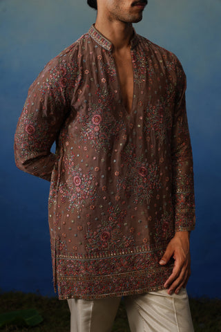 Kuber Rose Brown V Neck Short Kurta Set with Pants