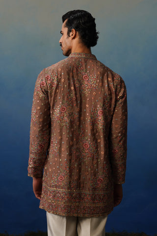 Kuber Rose Brown V Neck Short Kurta Set with Pants