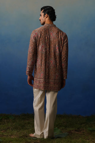 Kuber Rose Brown V Neck Short Kurta Set with Pants