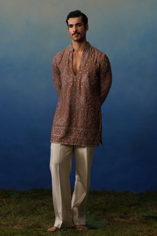 Kuber Rose Brown V Neck Short Kurta Set with Pants