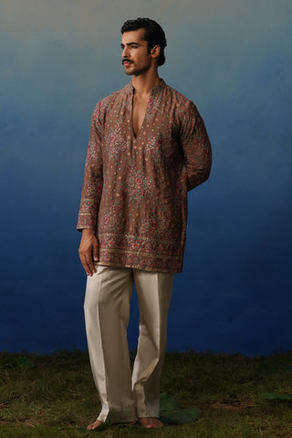 Kuber Rose Brown V Neck Short Kurta Set with Pants