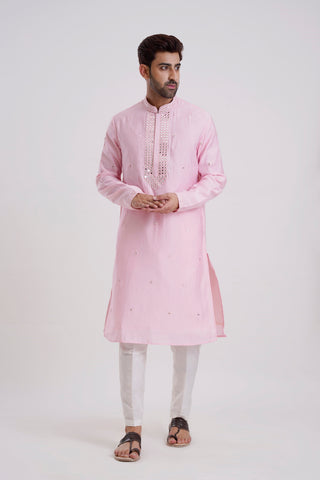 PINK COTTON SILK MIRROR WORK KURTA SET