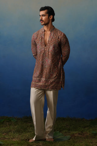 Kuber Rose Brown V Neck Short Kurta Set with Pants