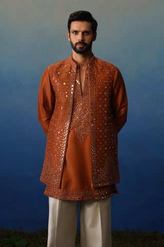 Azeel Rust Short Kurta Jacket Set with Pants