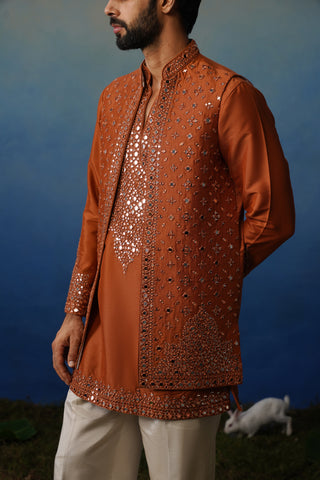 Azeel Rust Short Kurta Jacket Set with Pants