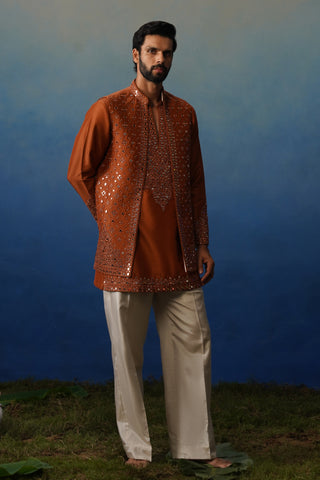Azeel Rust Short Kurta Jacket Set with Pants