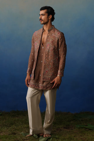Kuber Rose Brown V Neck Kurta Jacket Set with Pants