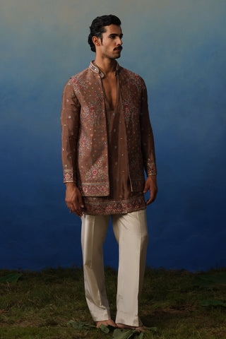 Kuber Rose Brown V Neck Kurta Jacket Set with Pants