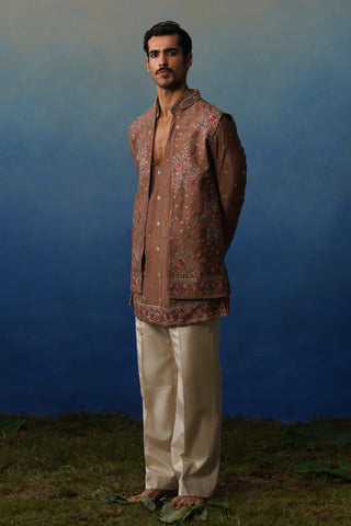 Kuber Rose Brown V Neck Kurta Jacket Set with Pants