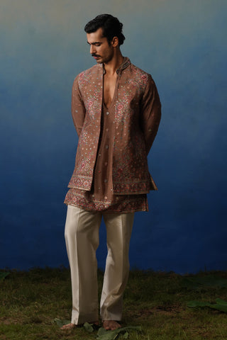 Kuber Rose Brown V Neck Kurta Jacket Set with Pants