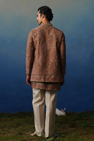 Kuber Rose Brown V Neck Kurta Jacket Set with Pants
