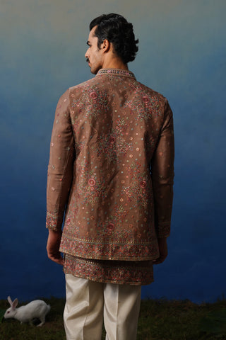 Kuber Rose Brown V Neck Kurta Jacket Set with Pants