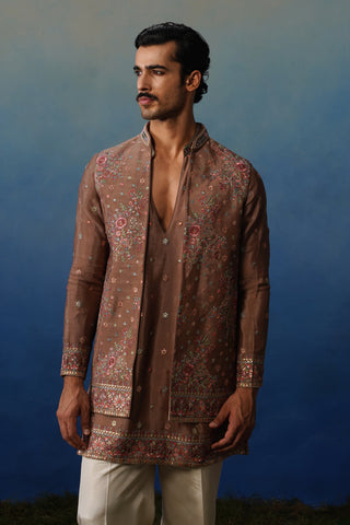 Kuber Rose Brown V Neck Kurta Jacket Set with Pants