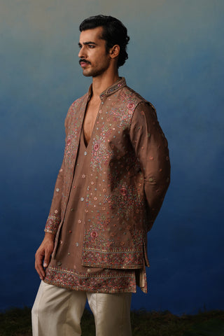 Kuber Rose Brown V Neck Kurta Jacket Set with Pants