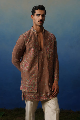 Kuber Rose Brown V Neck Kurta Jacket Set with Pants