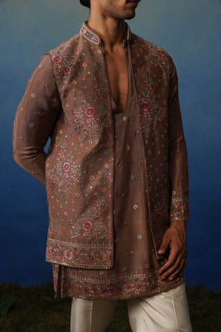 Kuber Rose Brown V Neck Kurta Jacket Set with Pants