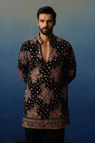 Kuber Black V Neck Short Kurta Set with Pants