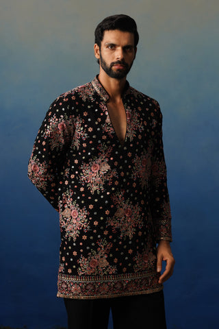 Kuber Black V Neck Short Kurta Set with Pants
