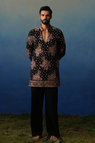 Kuber Black V Neck Short Kurta Set with Pants