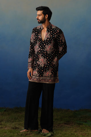 Kuber Black V Neck Short Kurta Set with Pants