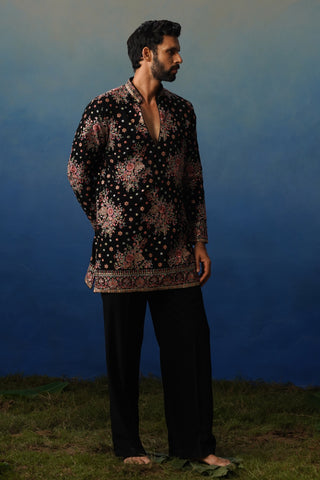 Kuber Black V Neck Short Kurta Set with Pants