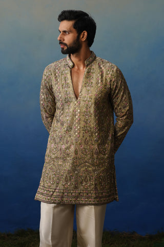 Gulrang Mehndi V Neck Short Kurta Set with Pants