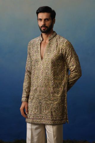 Gulrang Mehndi V Neck Short Kurta Set with Pants