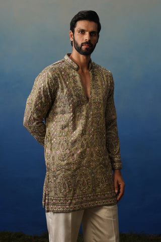 Gulrang Mehndi V Neck Short Kurta Set with Pants