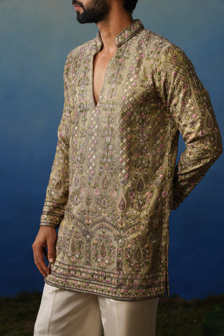 Gulrang Mehndi V Neck Short Kurta Set with Pants