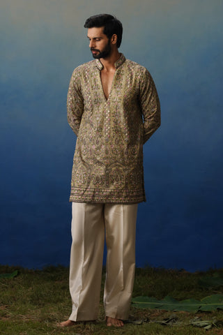 Gulrang Mehndi V Neck Short Kurta Set with Pants