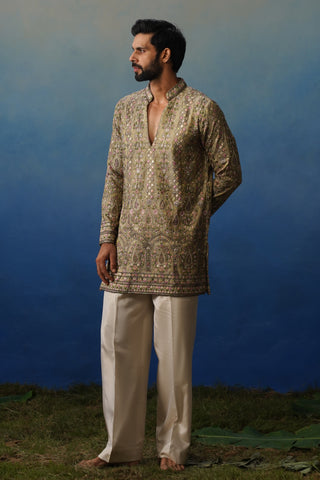 Gulrang Mehndi V Neck Short Kurta Set with Pants