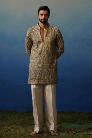 Gulrang Mehndi V Neck Short Kurta Set with Pants