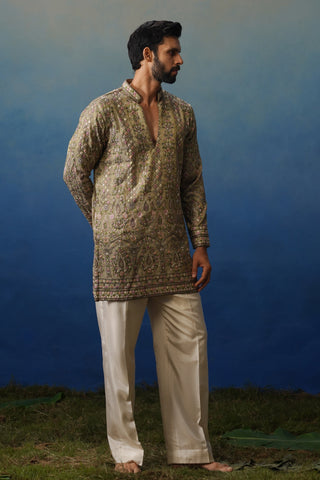 Gulrang Mehndi V Neck Short Kurta Set with Pants