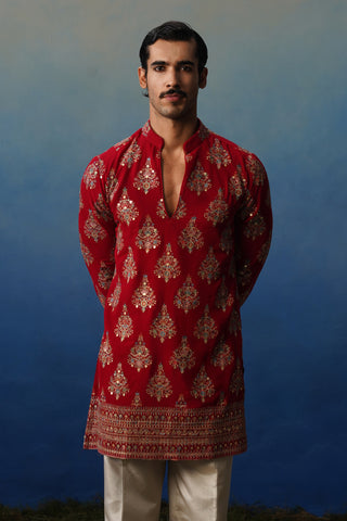 Nigar Red V Neck Short Kurta Set with Pants
