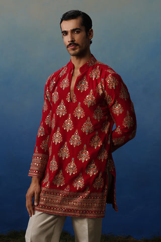 Nigar Red V Neck Short Kurta Set with Pants