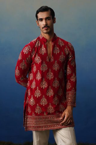 Nigar Red V Neck Short Kurta Set with Pants