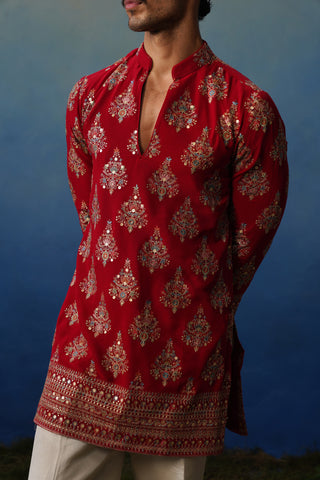 Nigar Red V Neck Short Kurta Set with Pants