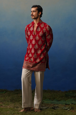 Nigar Red V Neck Short Kurta Set with Pants