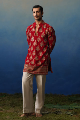 Nigar Red V Neck Short Kurta Set with Pants