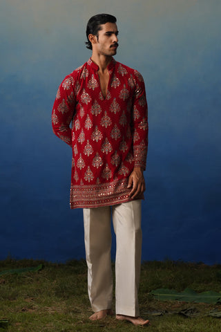 Nigar Red V Neck Short Kurta Set with Pants
