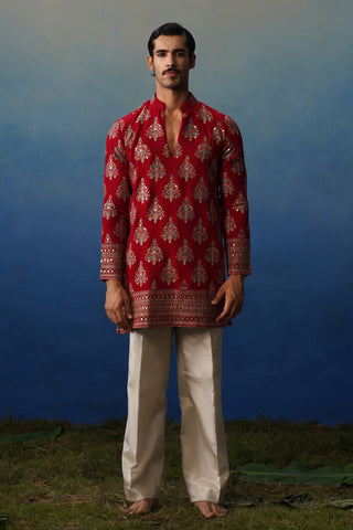 Nigar Red V Neck Short Kurta Set with Pants