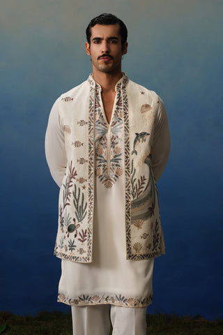 Aqua Ivory V Neck Kurta Jacket Set with Pants