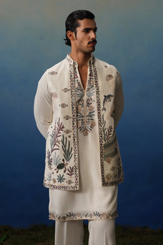 Aqua Ivory V Neck Kurta Jacket Set with Pants
